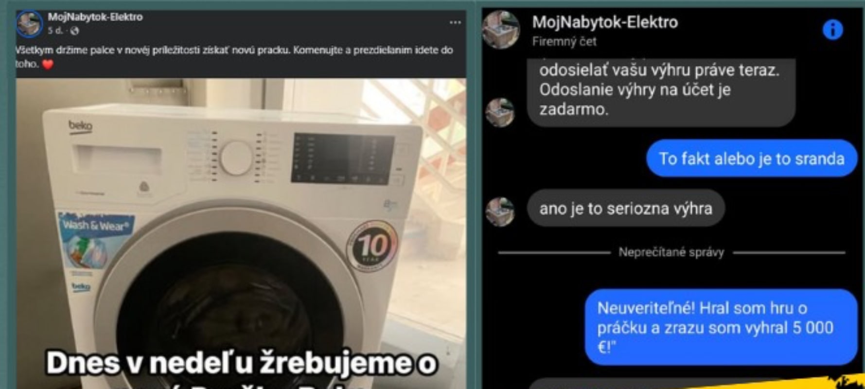 Pozor na Facebooku: Súťaž o práčku vás môže pripraviť o peniaze, Slováci opäť naleteli podvodníkom